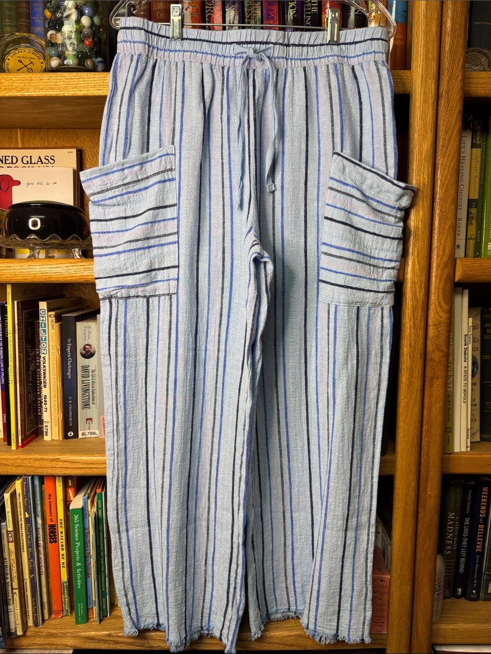 Indigo Rein Pull-on Linen Blend Cargo Pant Black/Pink/Blue Stripes